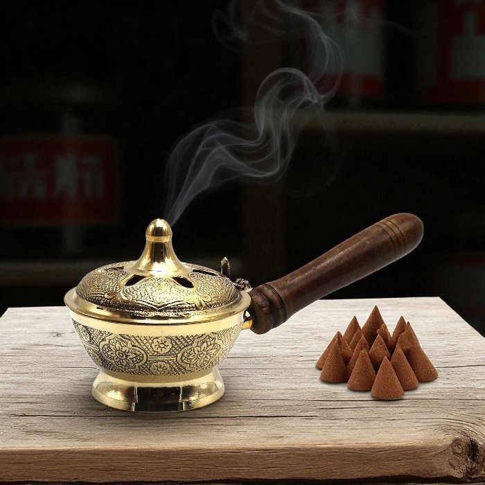 Brass incense burner with wooden handle